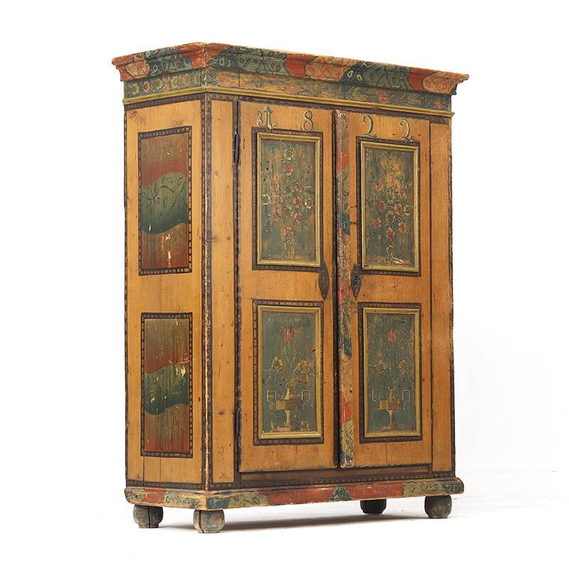 Antique Rustic Farmhouse Folk Art Painted Bridal Cabinet 1822