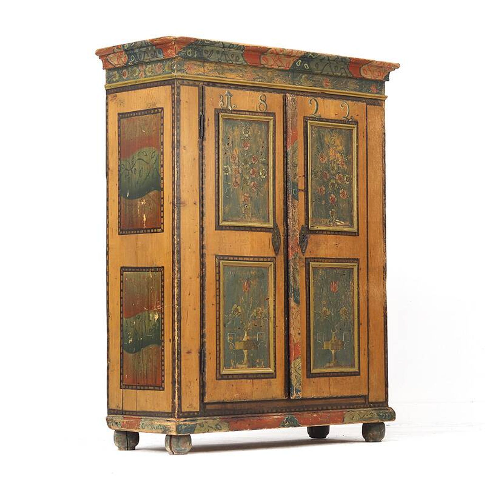 Antique Rustic Farmhouse Folk Art Painted Bridal Cabinet 1822
