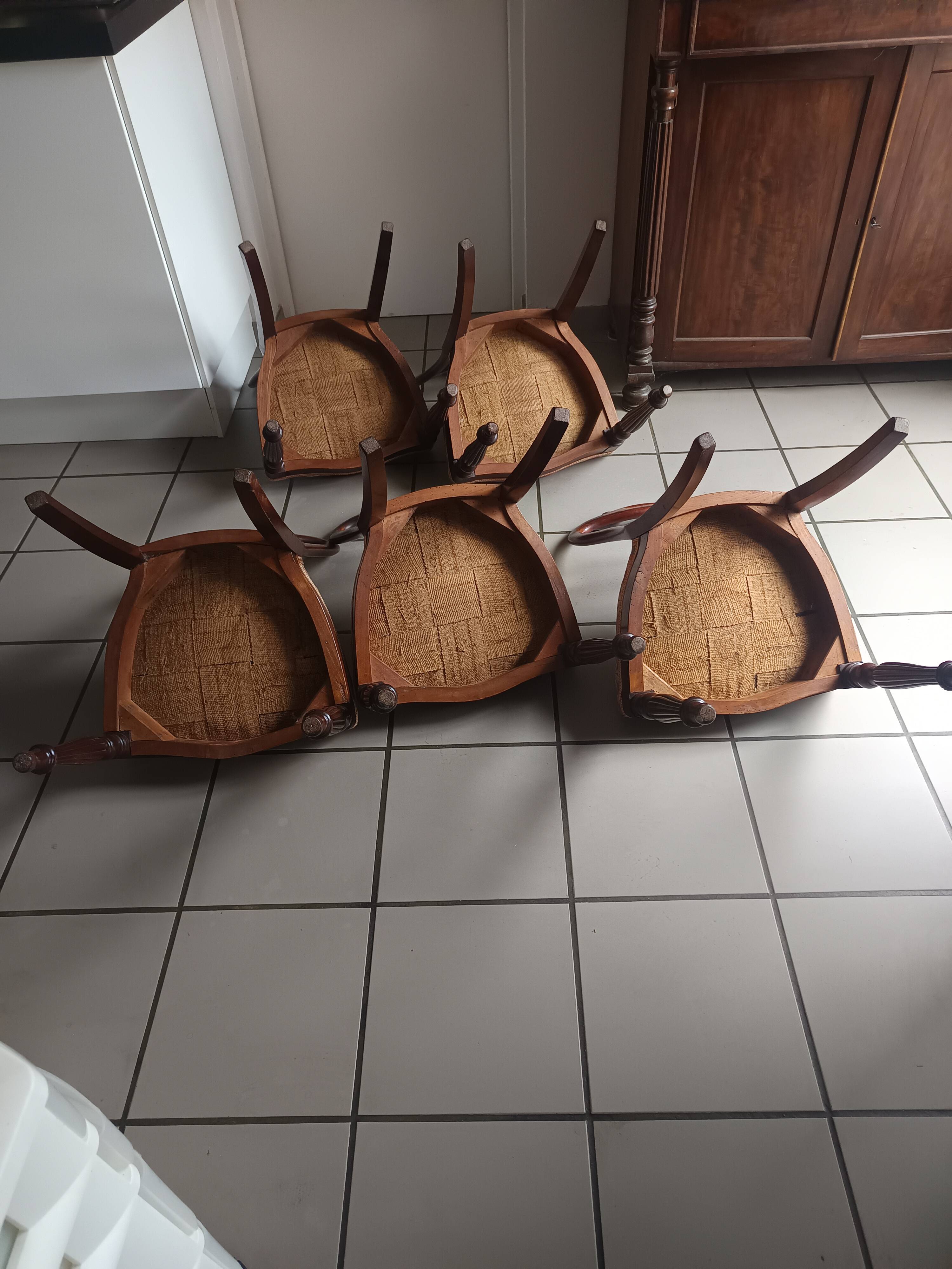 Set of 5 antique mahogany chairs in early 20th century Chippendale style.
