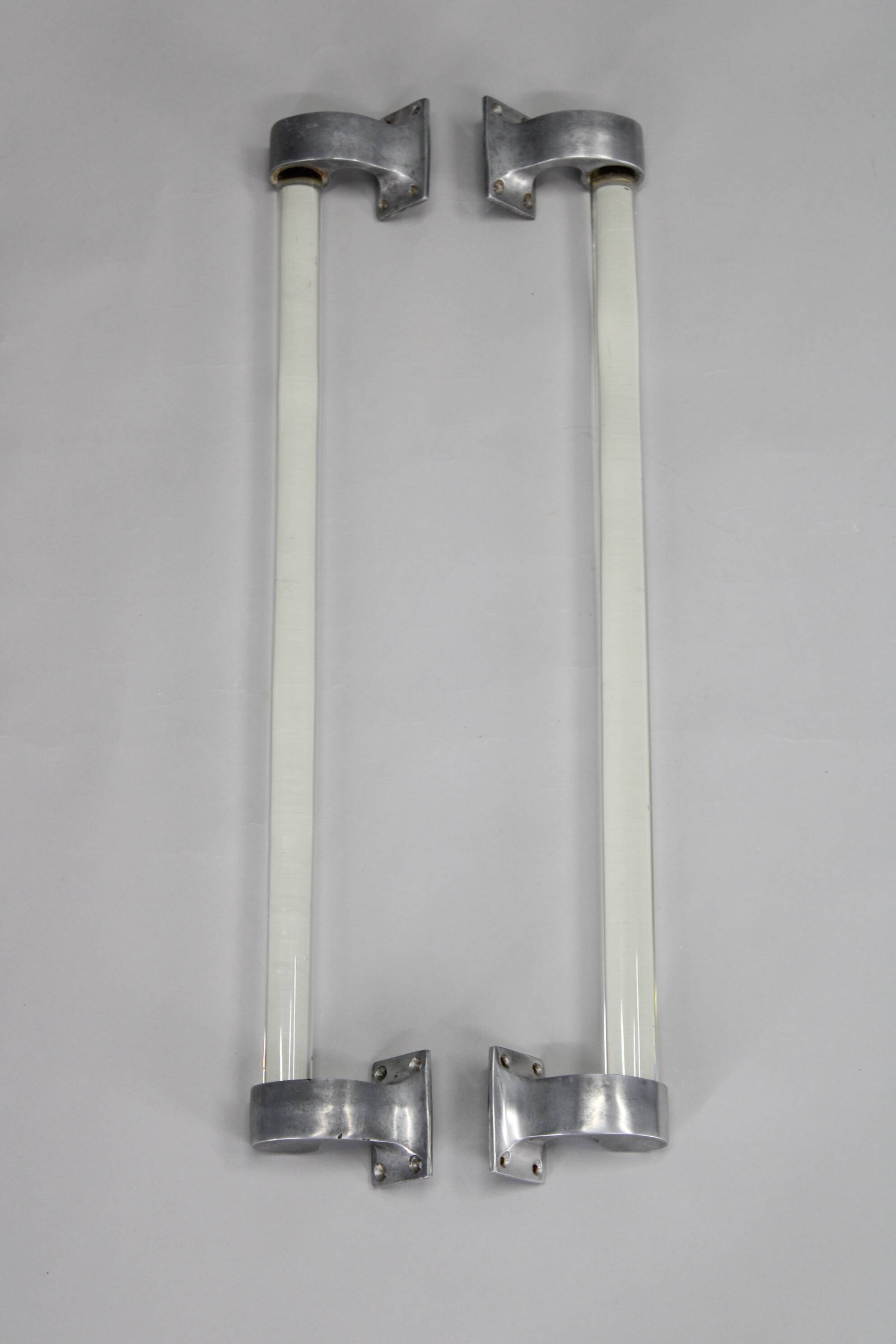 Pair of 1930s Czechoslovak Art Deco clear glass handles with metal mounts