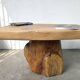 Organic brutalist coffee table in solid cedar, trunk pedestal, 1970s.