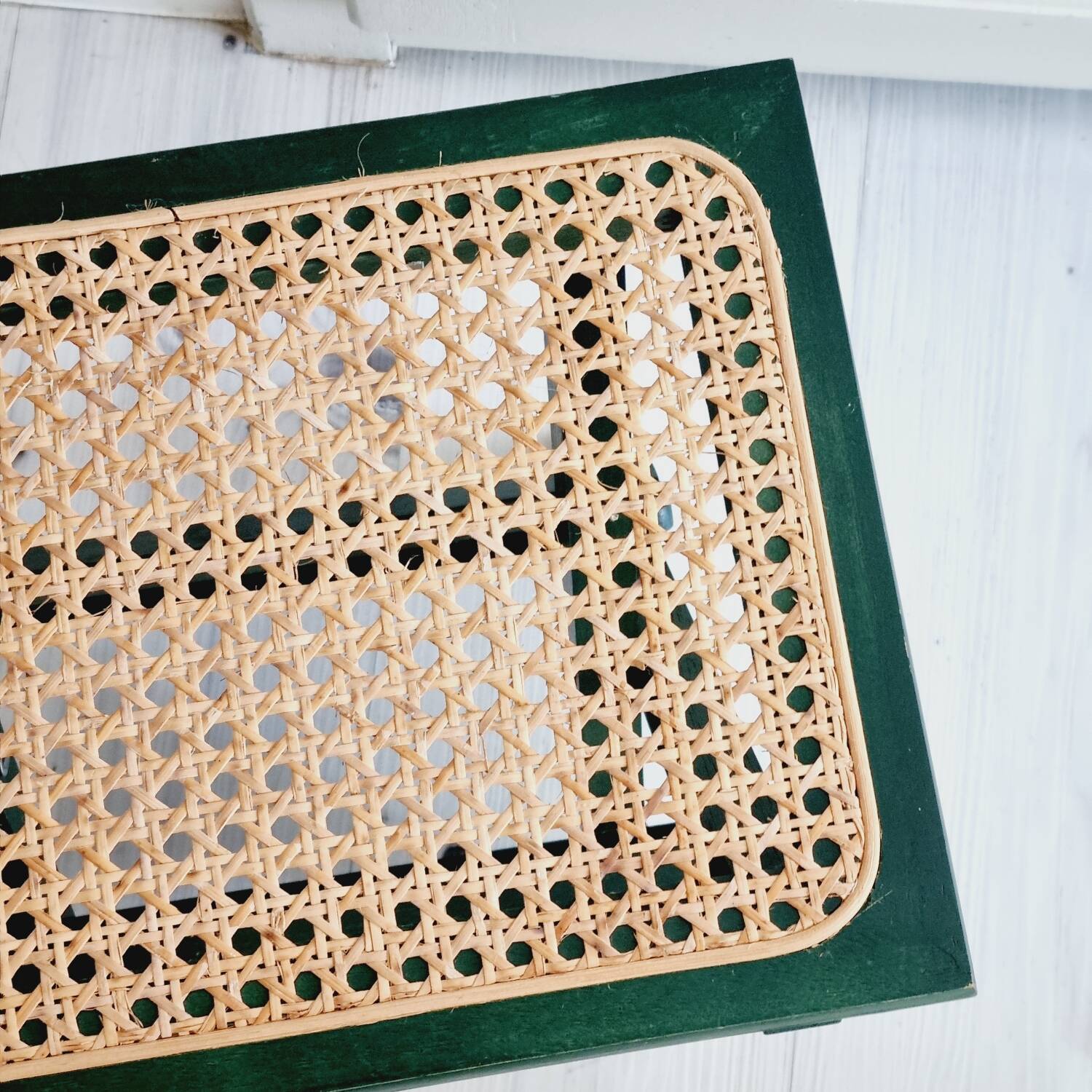 Small folding stool in green wood and cane