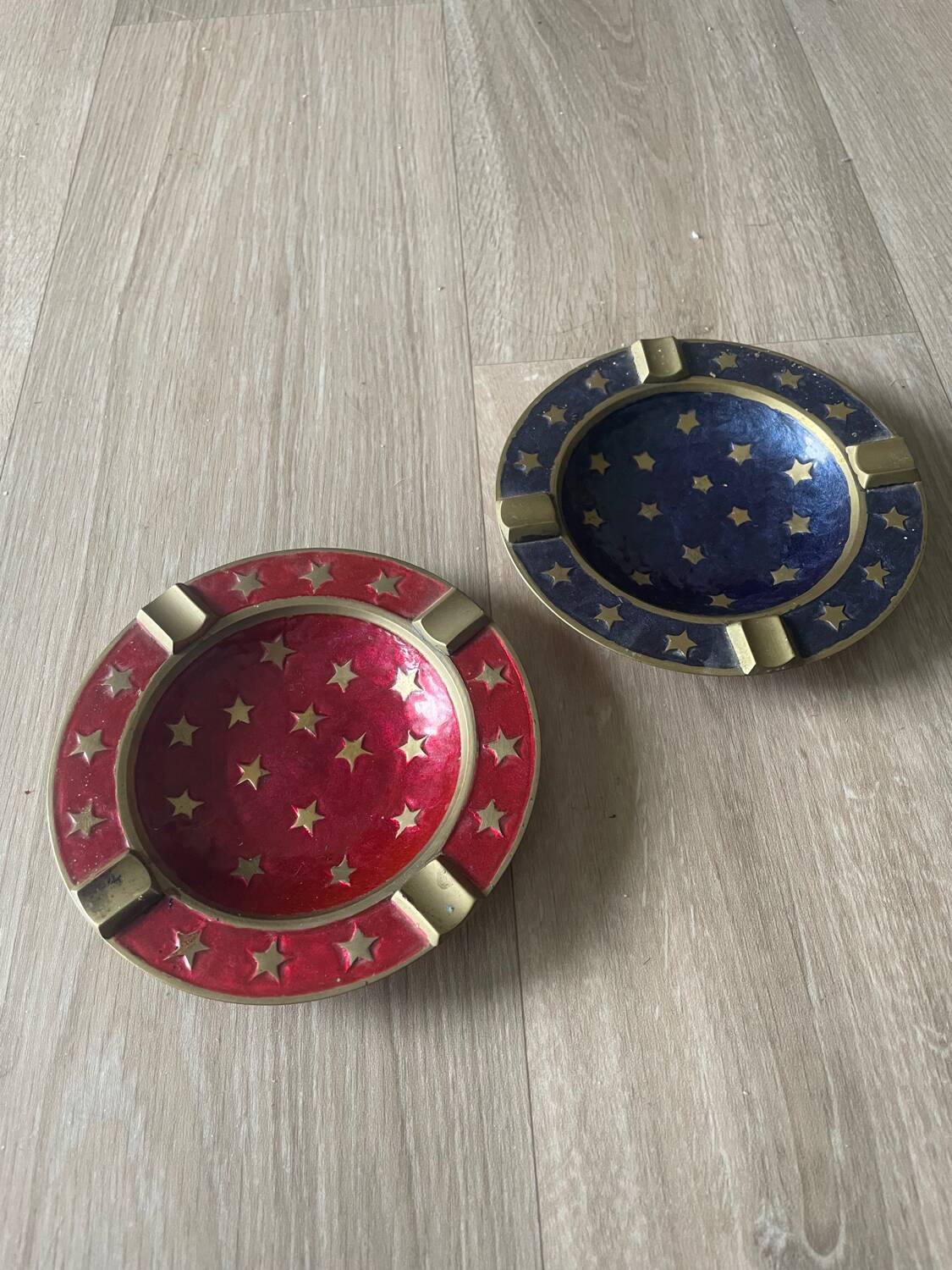Vintage Pair of Catchall Trays – Solid Brass & Starry Enamel