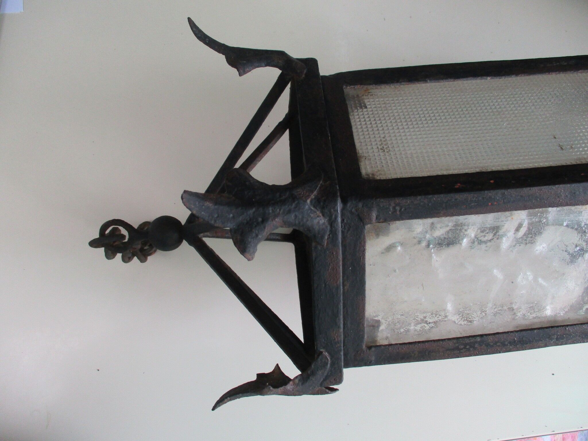 ancient hexagonal wrought iron lantern, decoration lily flowers- 19th century