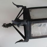 ancient hexagonal wrought iron lantern, decoration lily flowers- 19th century