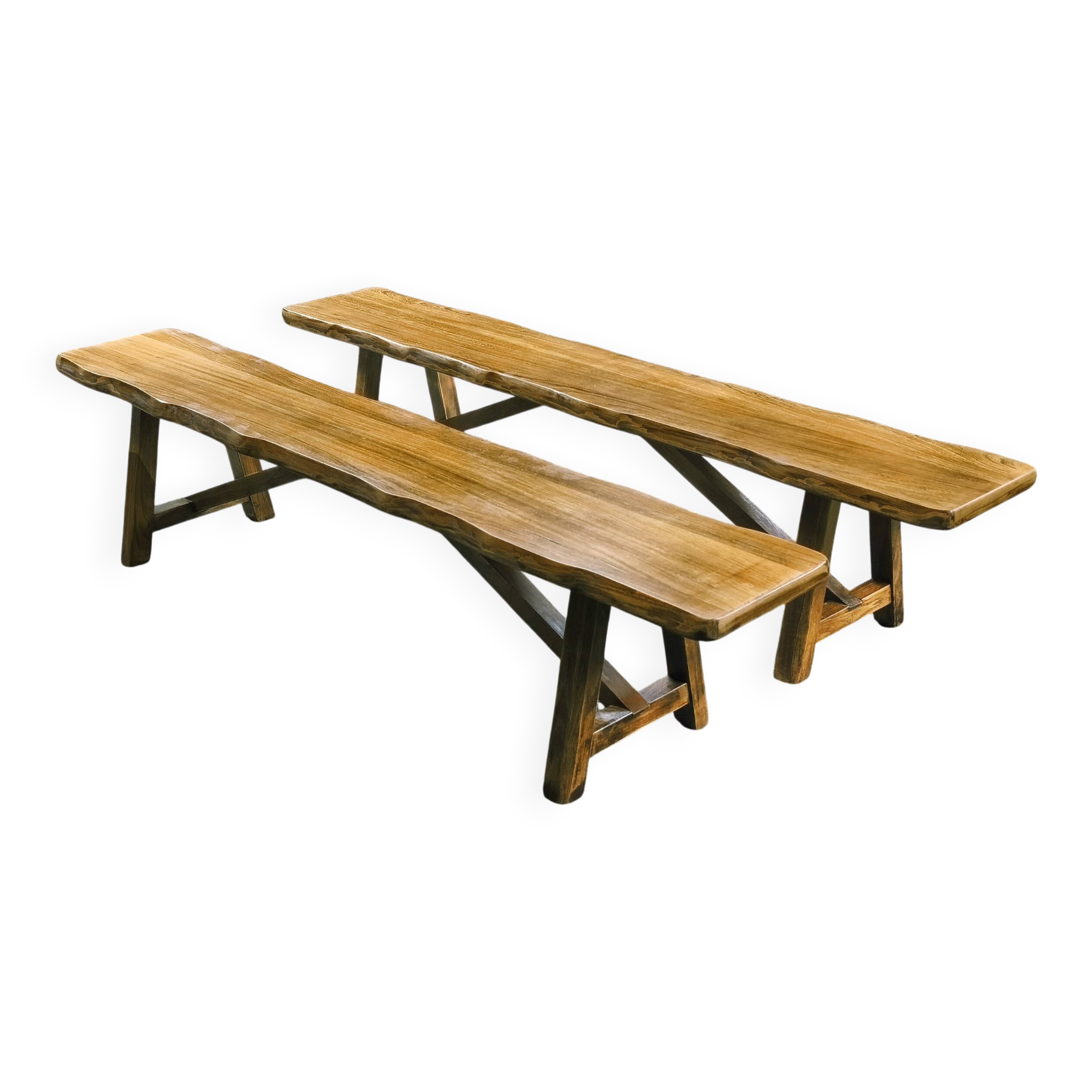 Pair of brutalist benches in solid blond elm by Aranjou, France, 1970s