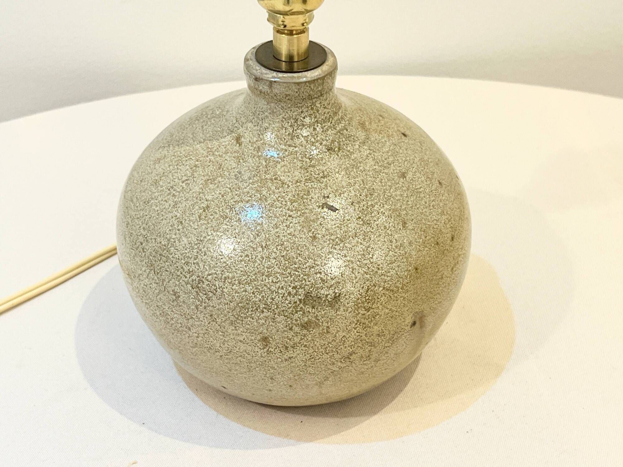 Signed ball lamp in vintage beige stoneware 1970 raffia rope lampshade 70s bohemian chic