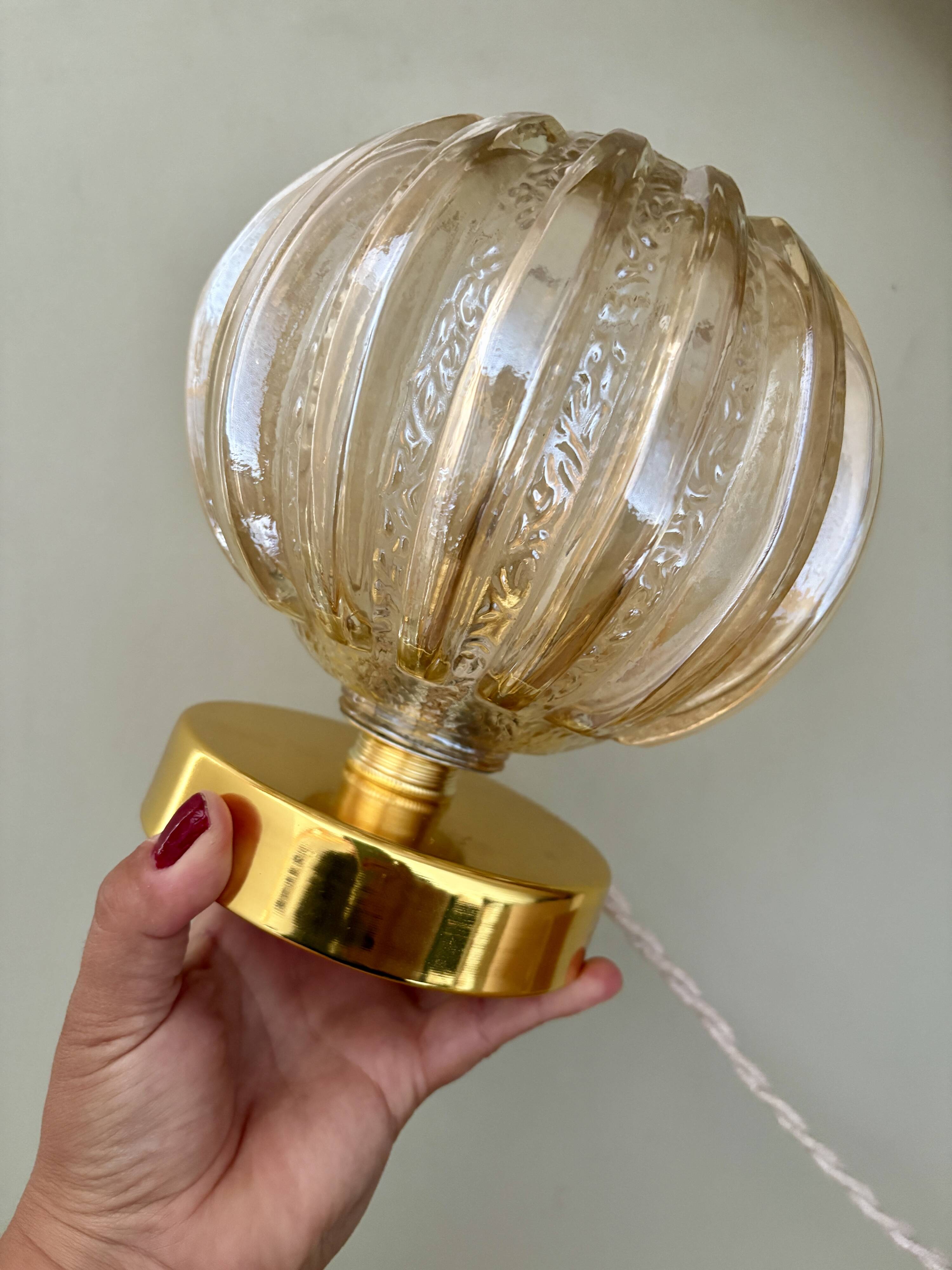 Vintage globe table lamp in half amber, half transparent molded glass