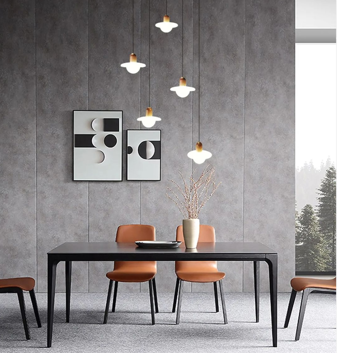 Pair of onyx and walnut suspended light fixtures