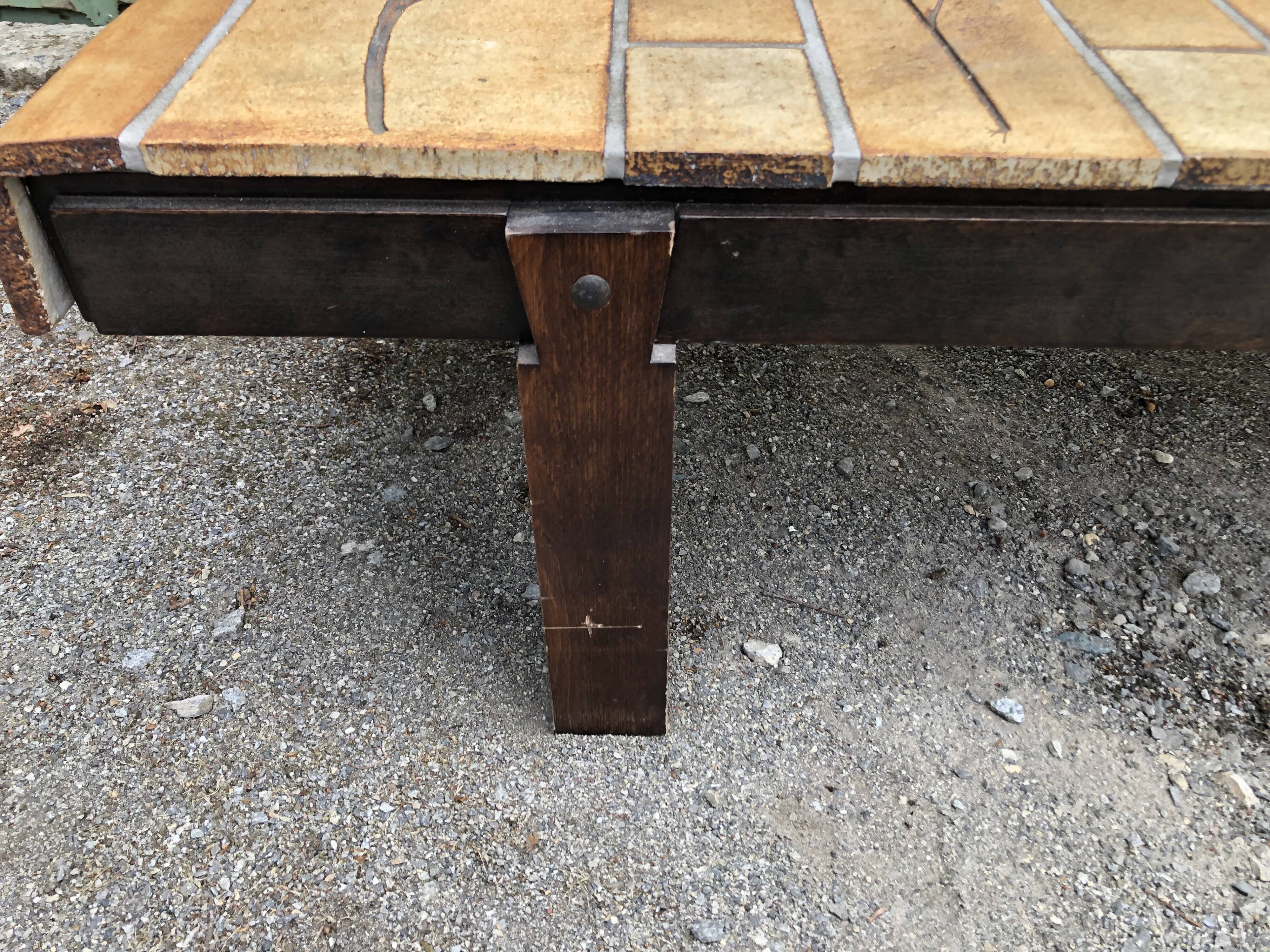 Vintage ceramic coffee table with herbarium decorations by Roger Capron, solid beech base.