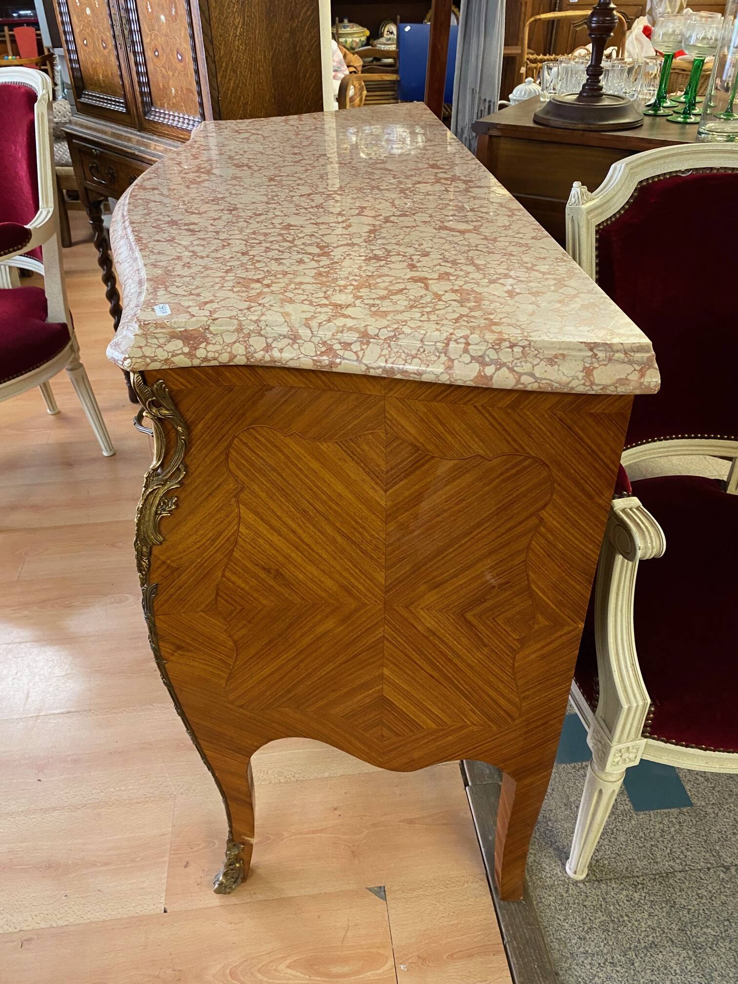 Louis xv style curved chest of drawers in marquetry with marble and embroidered floral decor