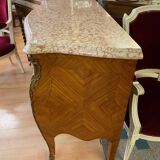 Louis xv style curved chest of drawers in marquetry with marble and embroidered floral decor