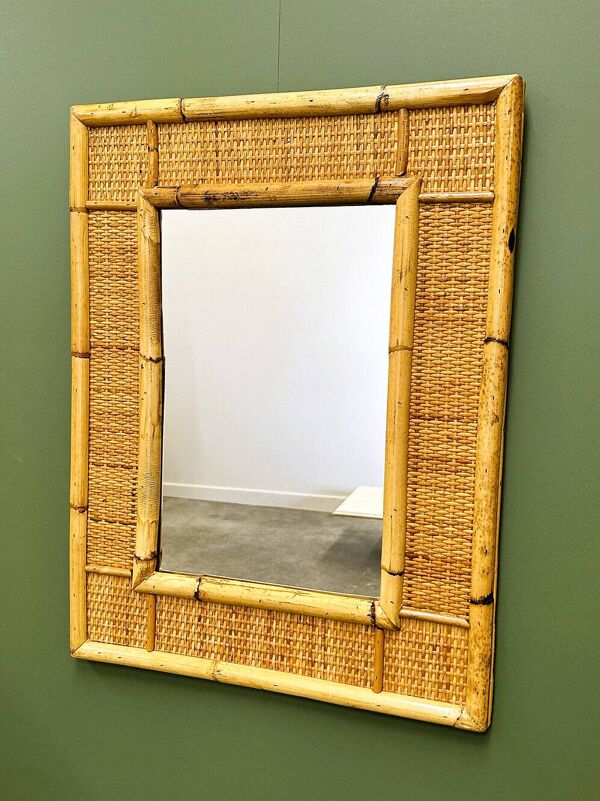 Miroir vintage en bambou et rotin du milieu du siècle par Dal Vera, Italie, années 1970.
