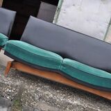 Mid-Century Danish Set 1960s — 3-seater sofa, 2 armchairs and ottoman, turquoise fabric and wood, black backs.