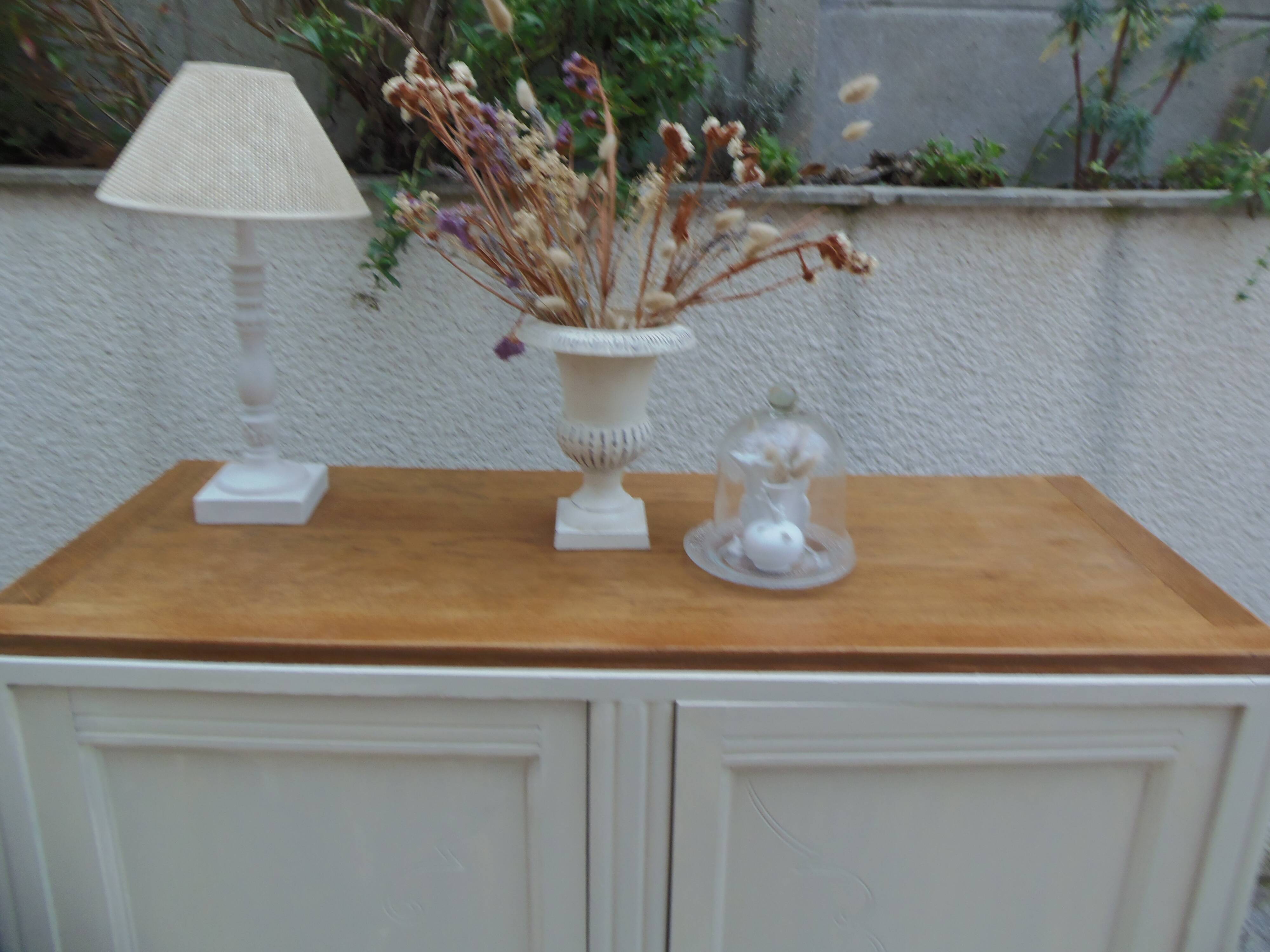 Vintage beige sideboard, oak top.