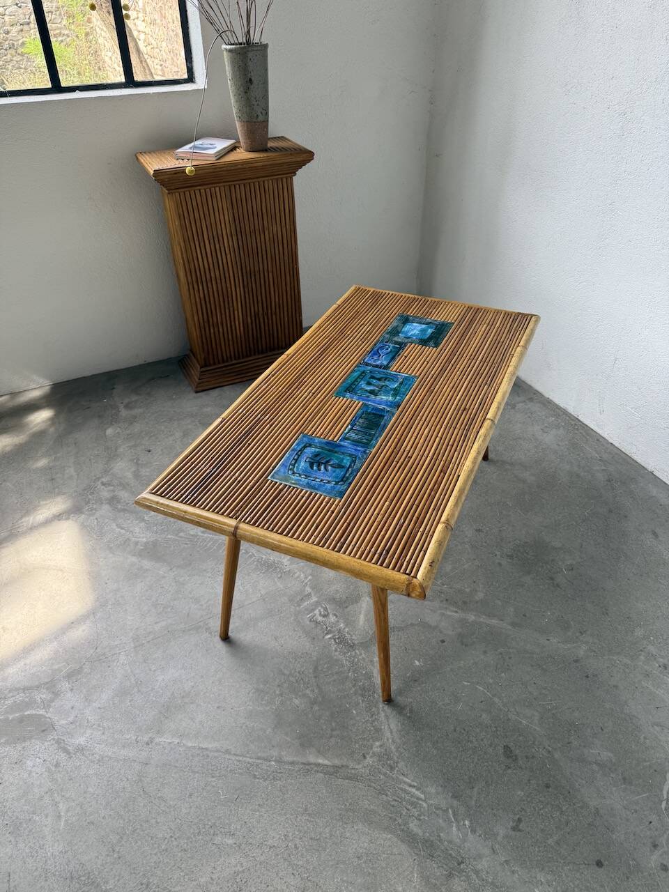 Rattan and ceramic coffee table, 60s