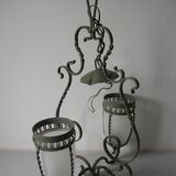 Ancienne lanterne lustre luminaire 2 feux fer forgé tulipe verre déco hall entrée rétro