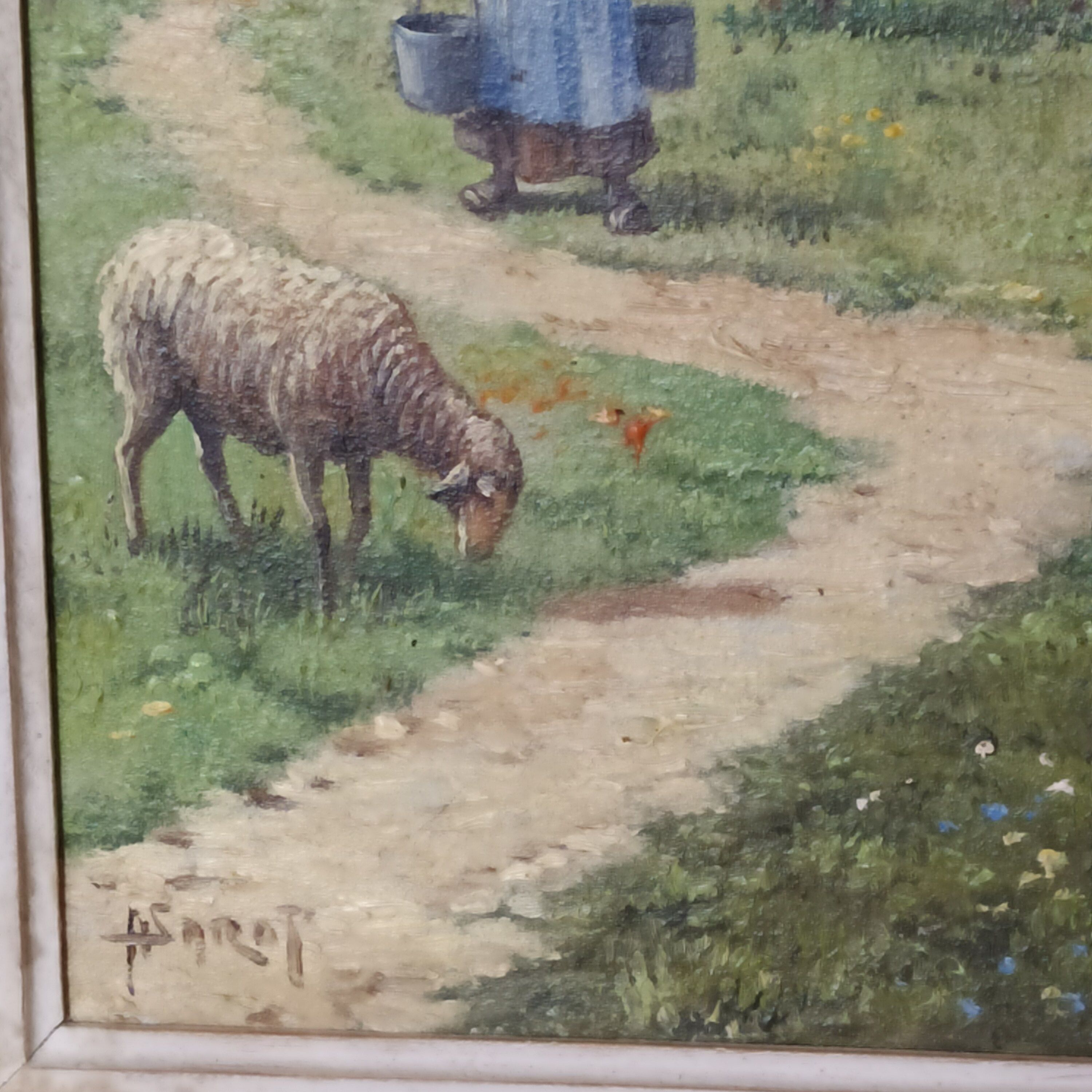Tableau ancien 1950 la traite des vaches signee R Sarot