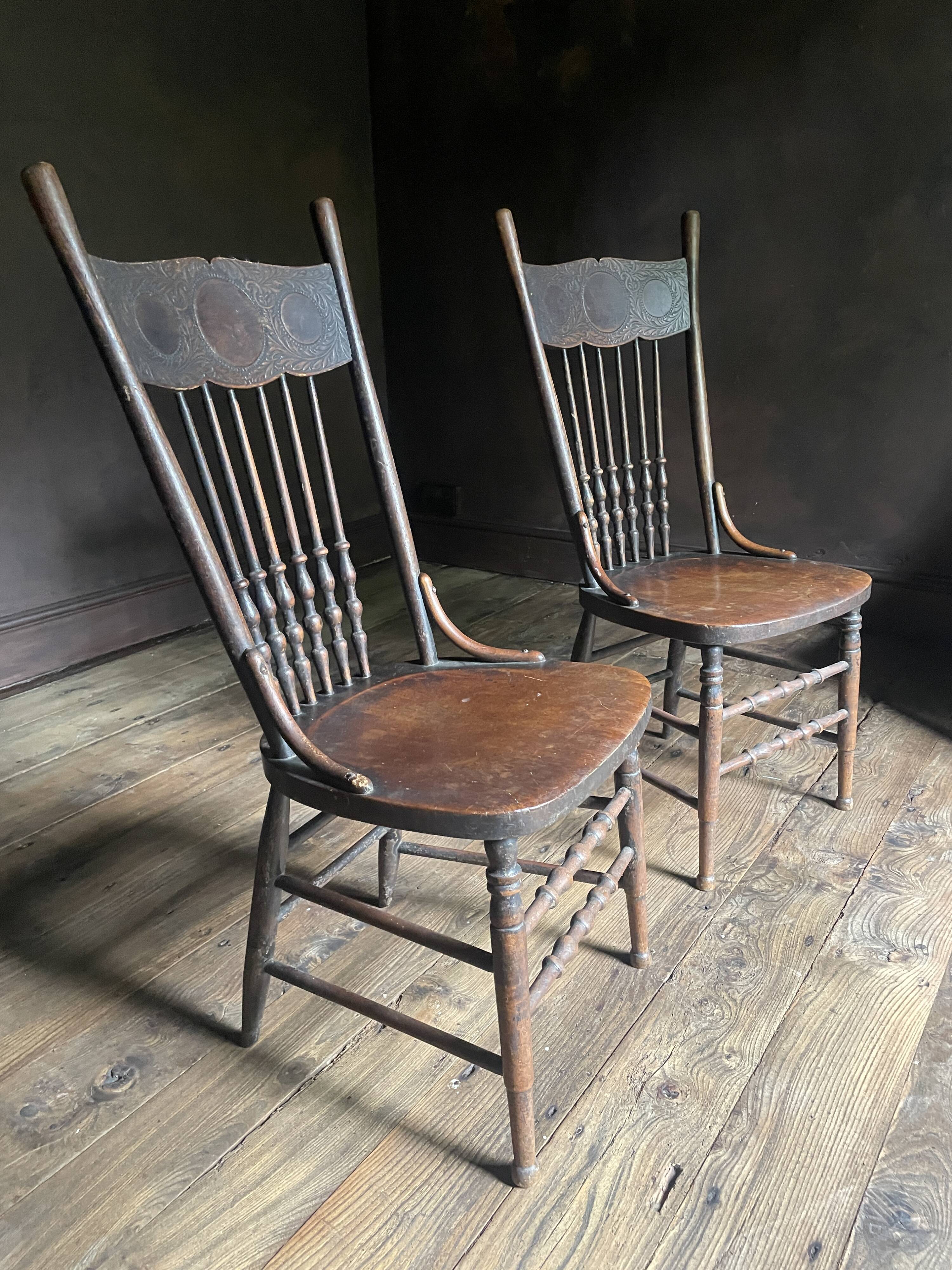 Pair of Antique Country Chairs with Carved Crest Rails | Vernacular Spindle