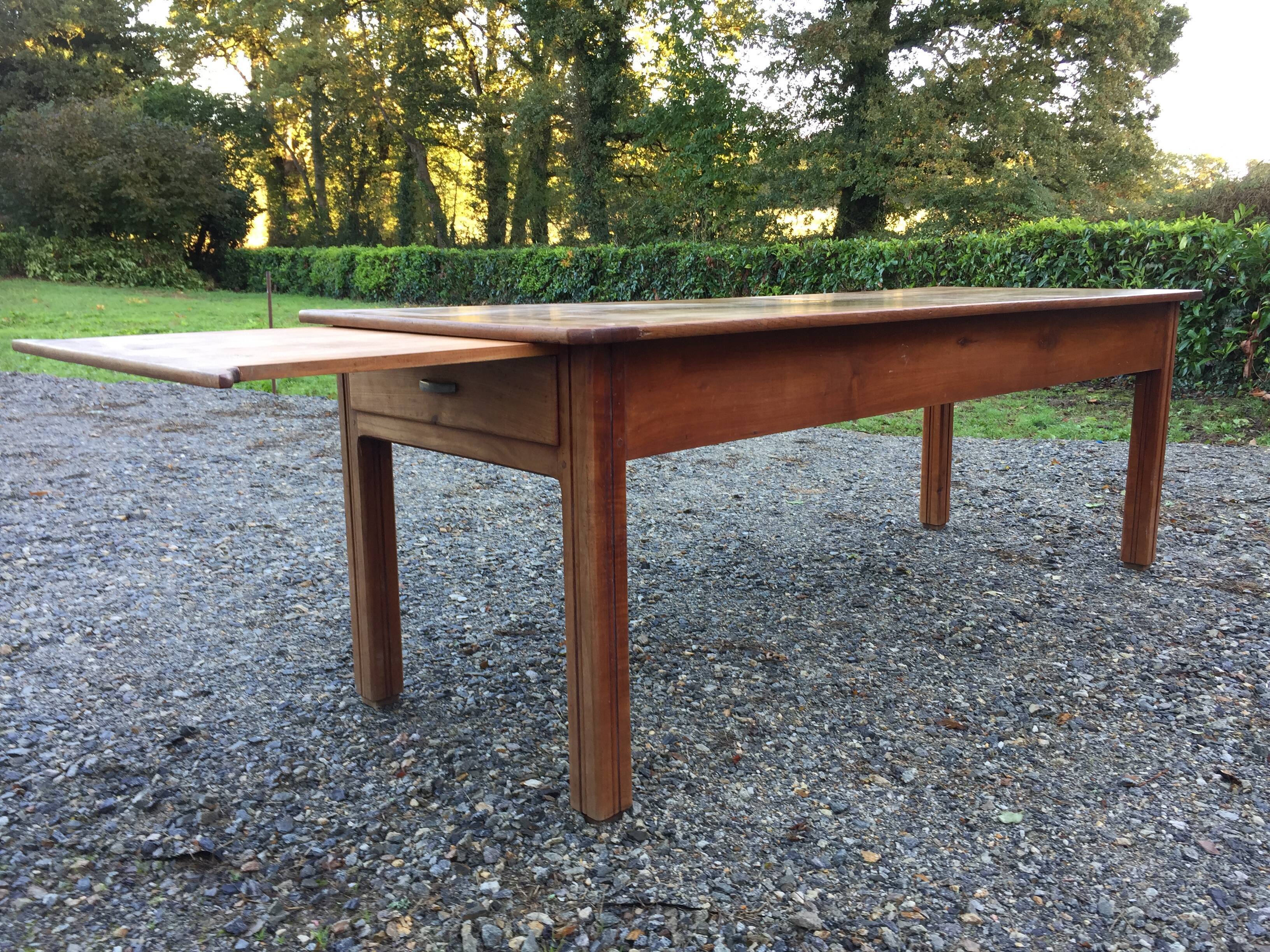Vintage solid cherry farm table with 2 drawers and 1 bread pull.
