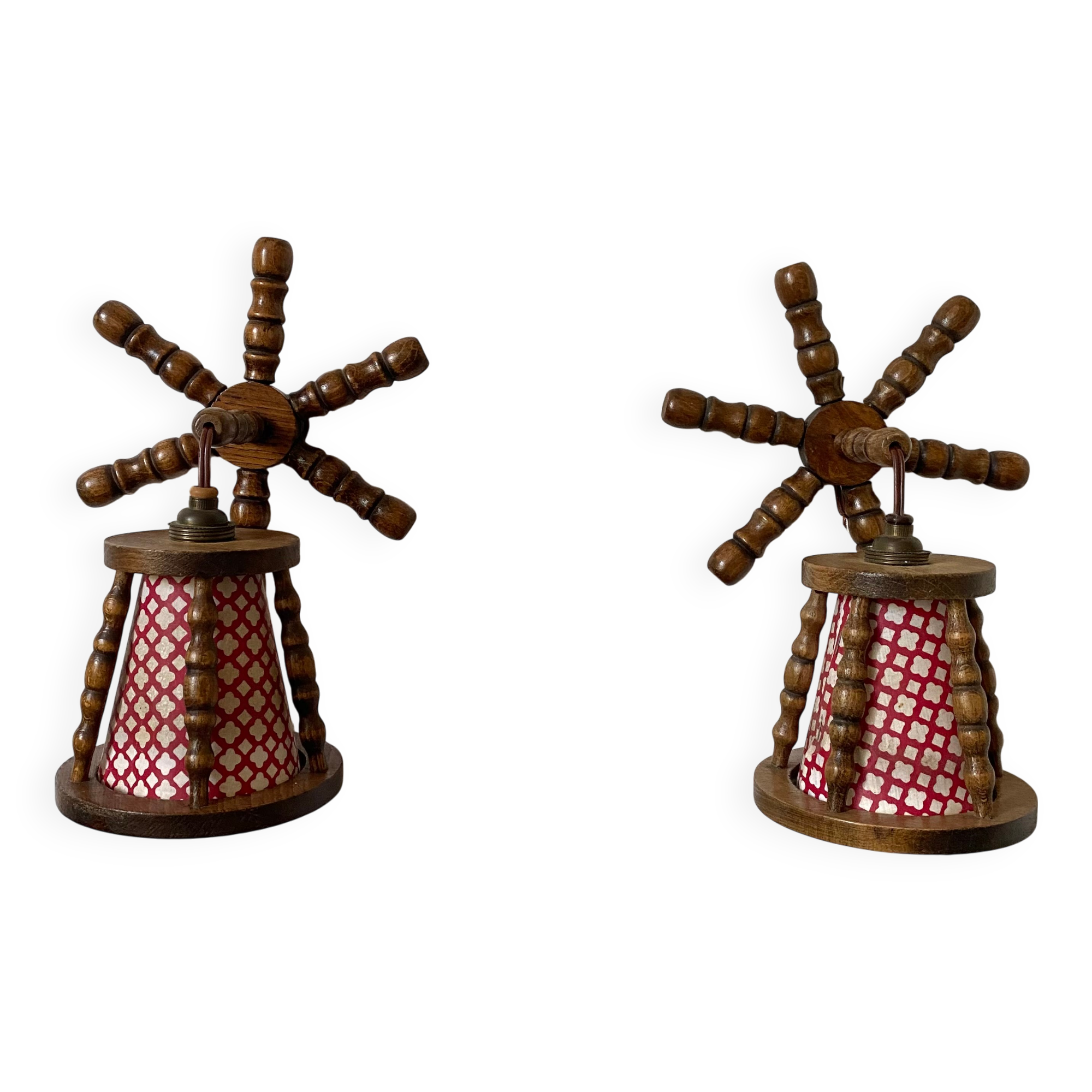 Pair of turned wood wall lights, 1960s