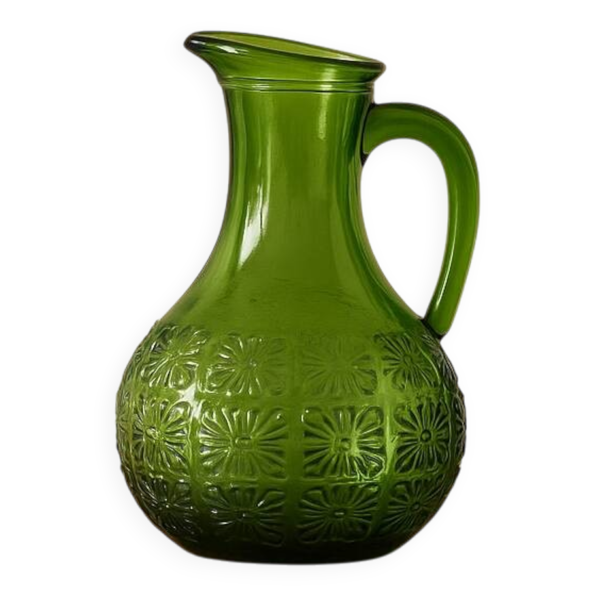 Pichet ancien vintage en verre moulé vert relief fleuri – décoration rétro
