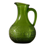 Pichet ancien vintage en verre moulé vert relief fleuri – décoration rétro