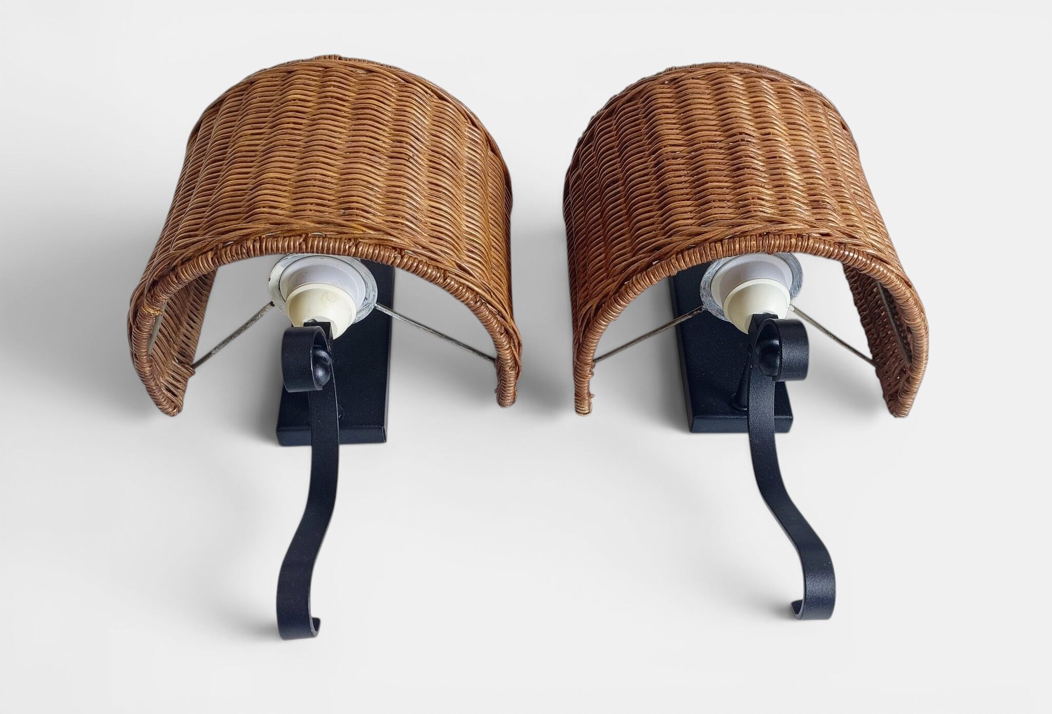 Spanish Mid-Century Wicker And Wrought Iron Wall Sconces, Three Available