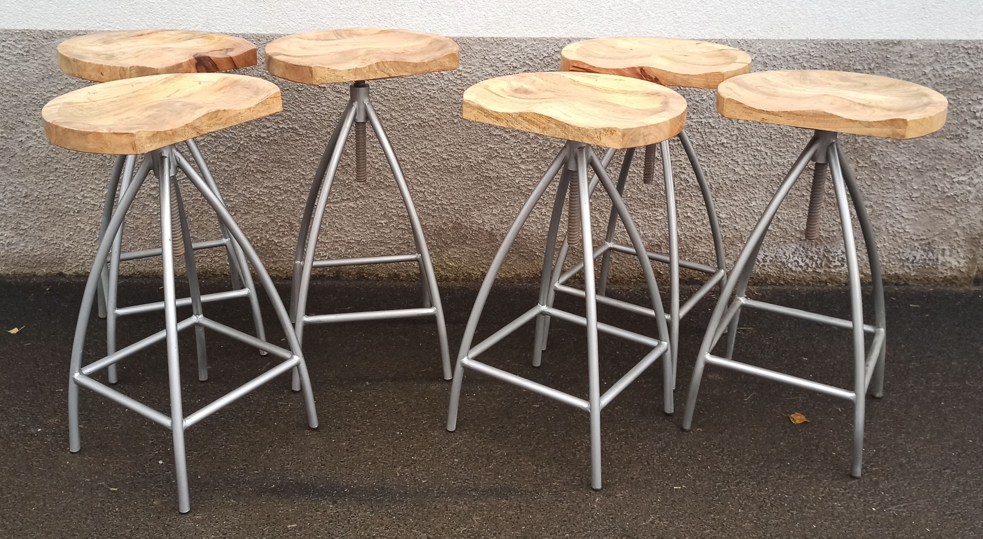 Set of 6 wooden stools with adjustable metal legs