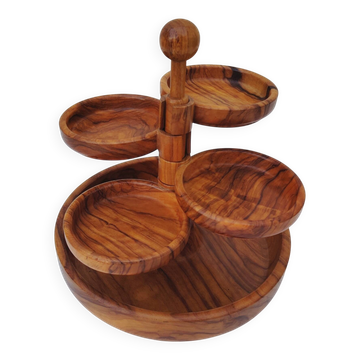 Serviteur apéritif, bois d’olivier, design 70’s