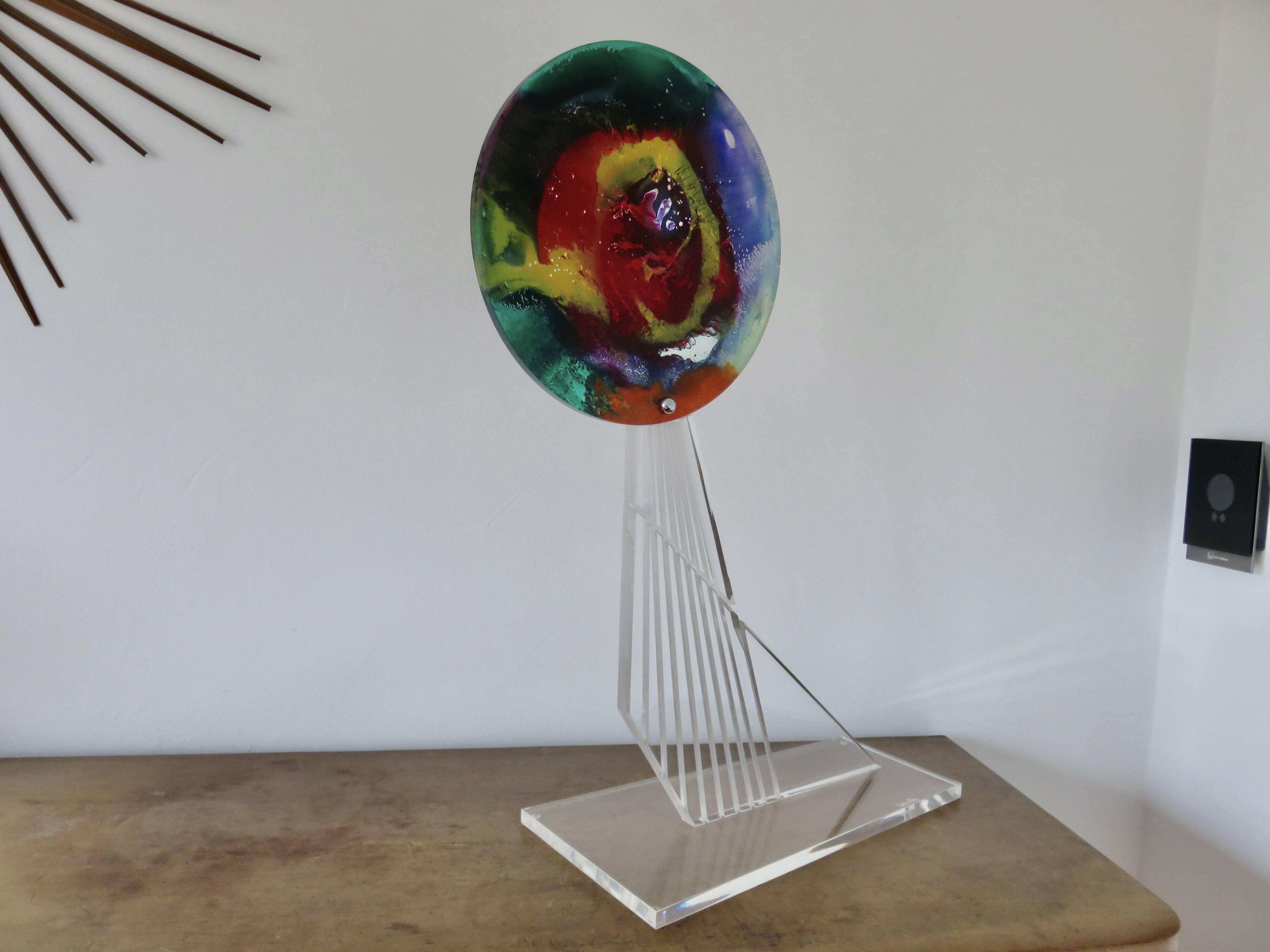 Contemporary sculpture, signed, in plexiglass and lucite, 1980s