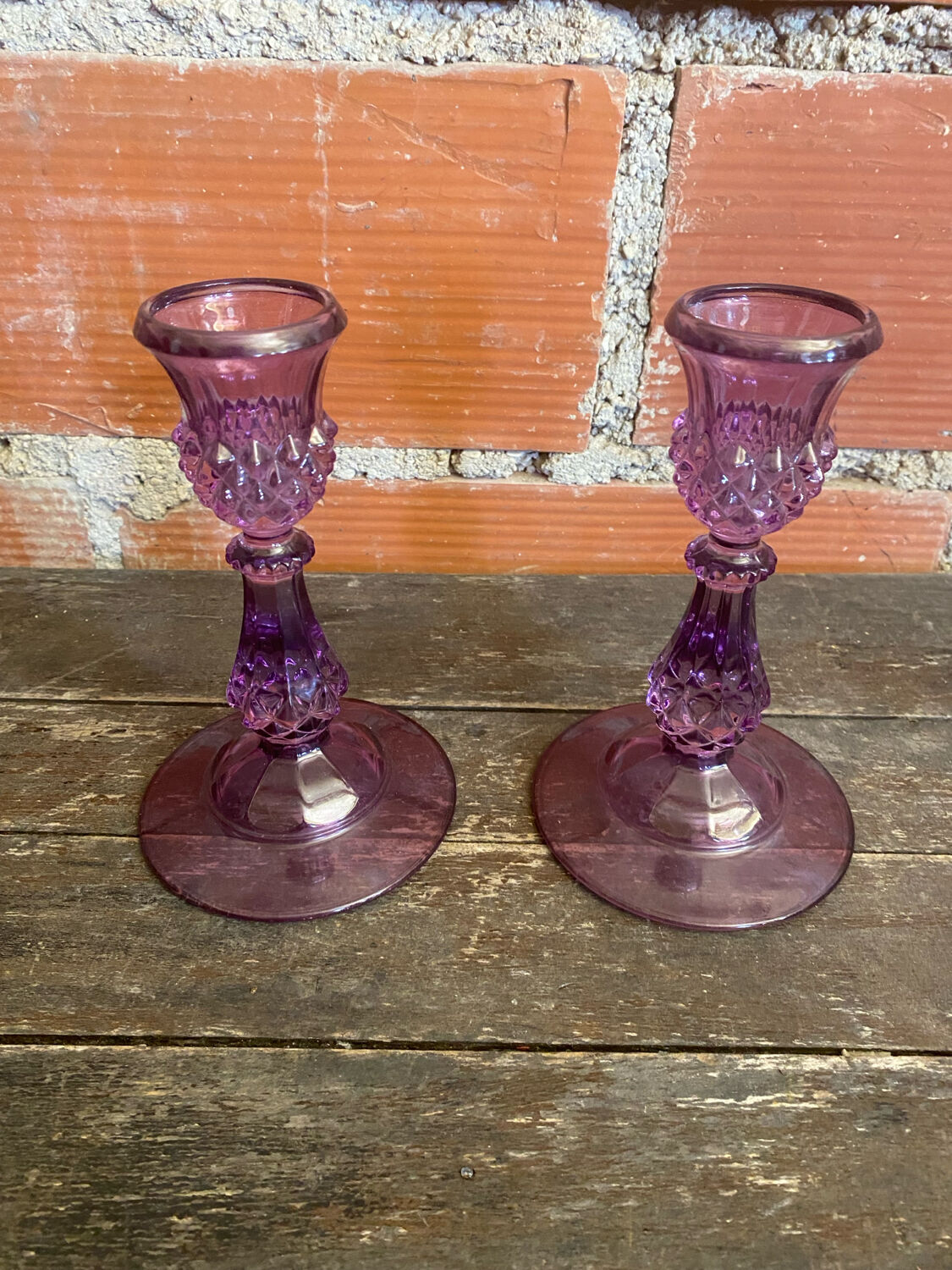 Pair of Antique CRISTAL D’ARQUES Candle Holders Moulded Purple Glass Vintage