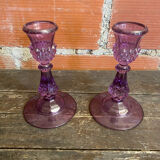 Pair of Antique CRISTAL D’ARQUES Candle Holders Moulded Purple Glass Vintage