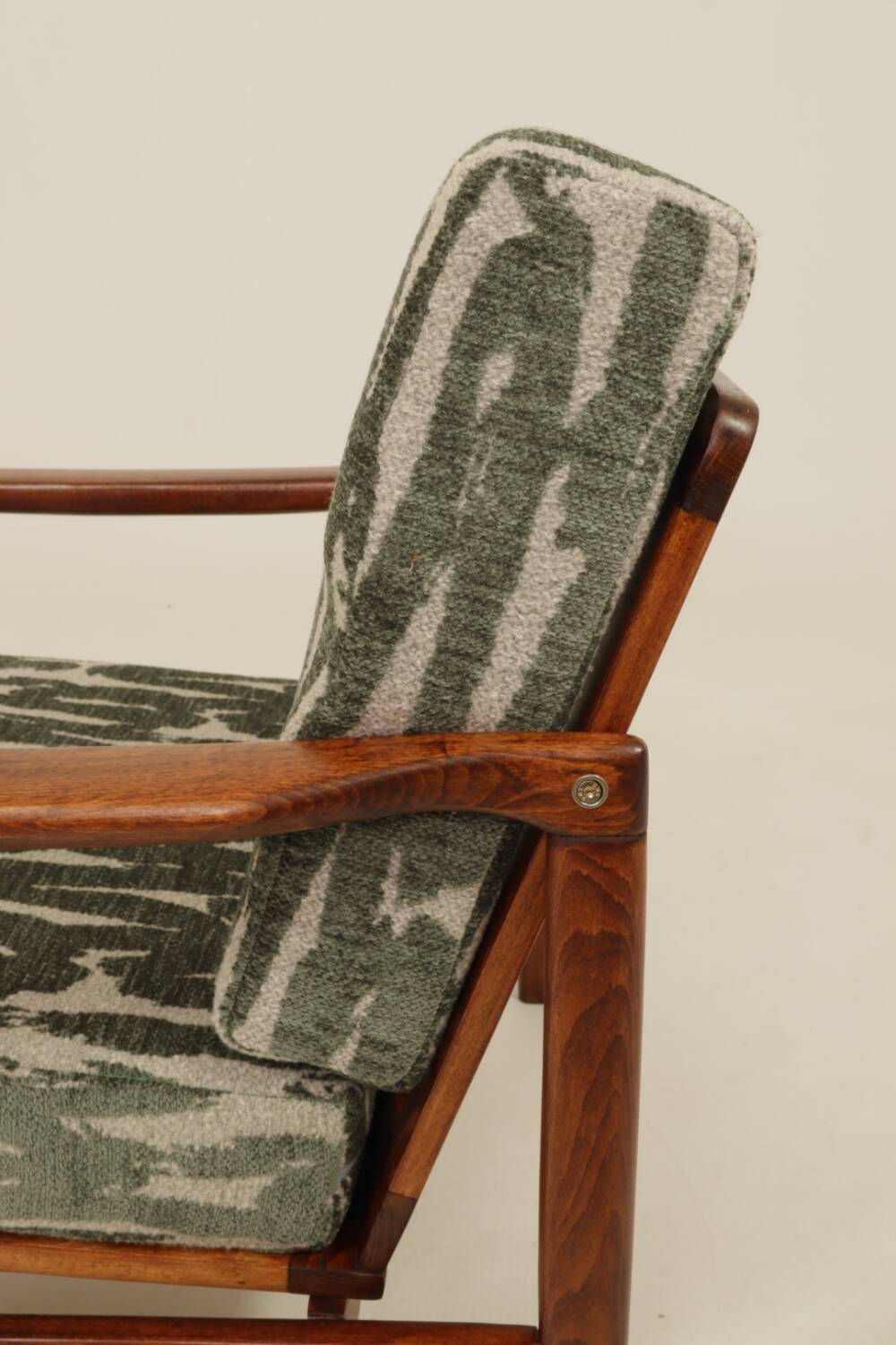 Vintage green jacquard armchair, mid-century modern design, 1965.
