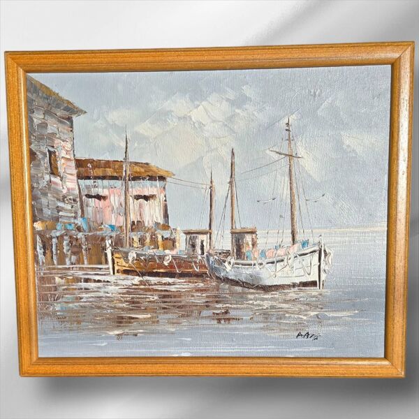 Peinture à l'huile encadrée originale signée ''Quai de pêche port