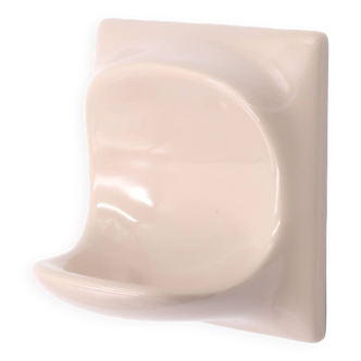 Porte savon mural blanc en porcelaine rose beige, années 70