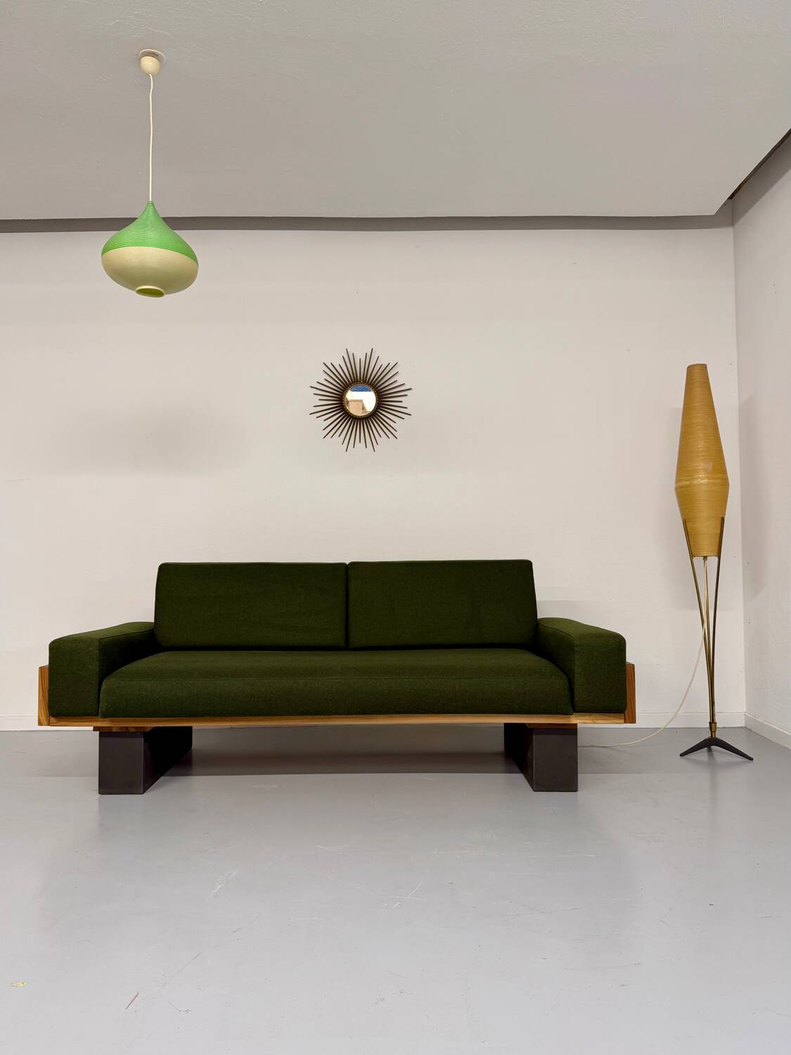 Vintage 3-seater sofa, green, solid wood, 70s/80s design
