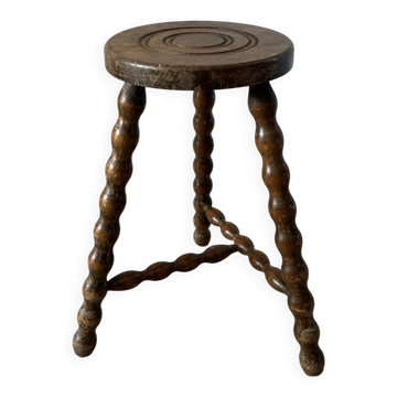 Tabouret tripode ancien bois massif bois tourné