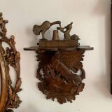 Black Forest carved wooden wall console, harness with wolf decoration