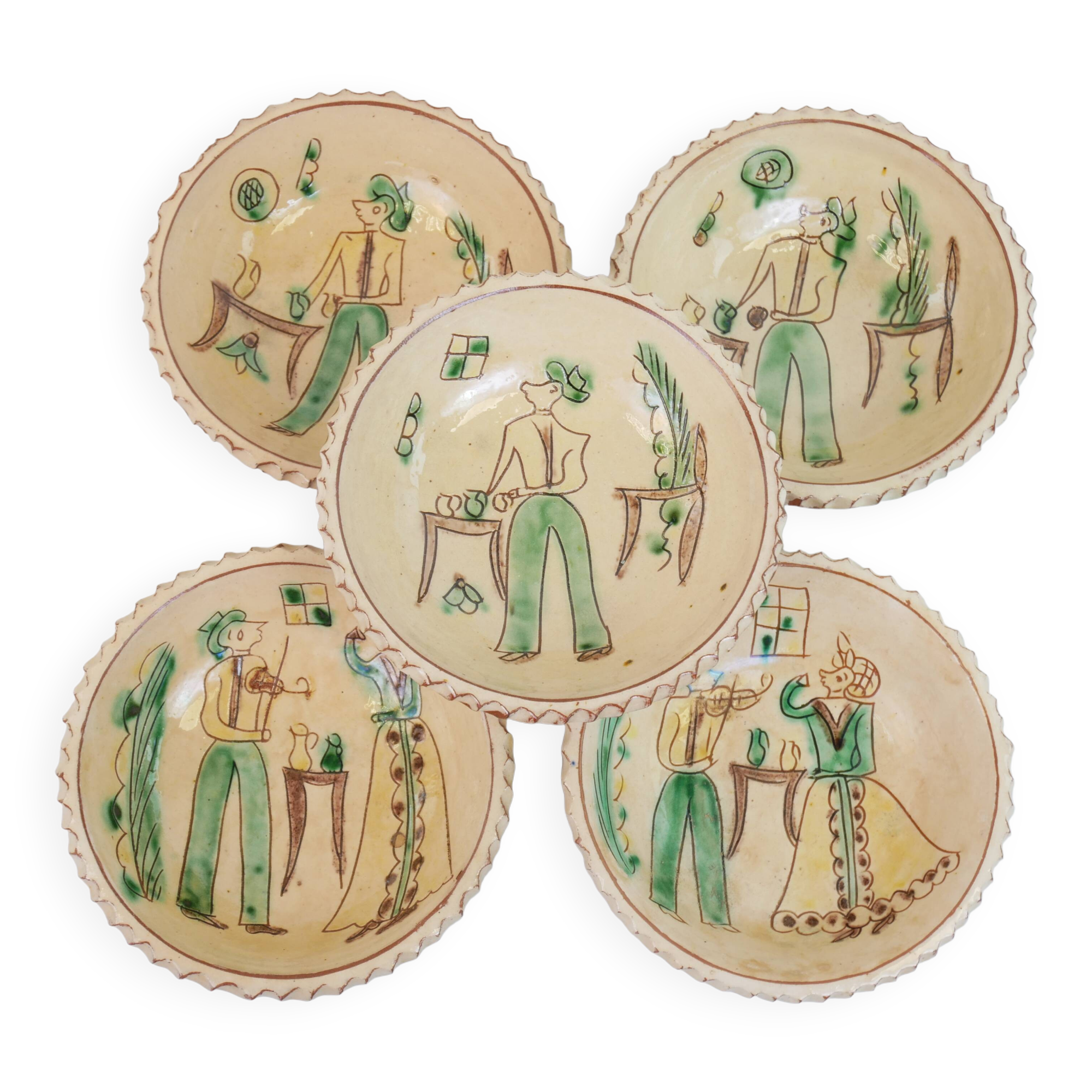 Set of 5 ceramic bowls with character motifs from Romania