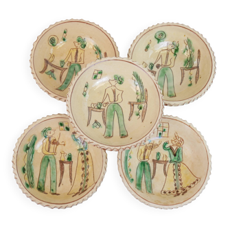 Set of 5 ceramic bowls with character motifs from Romania