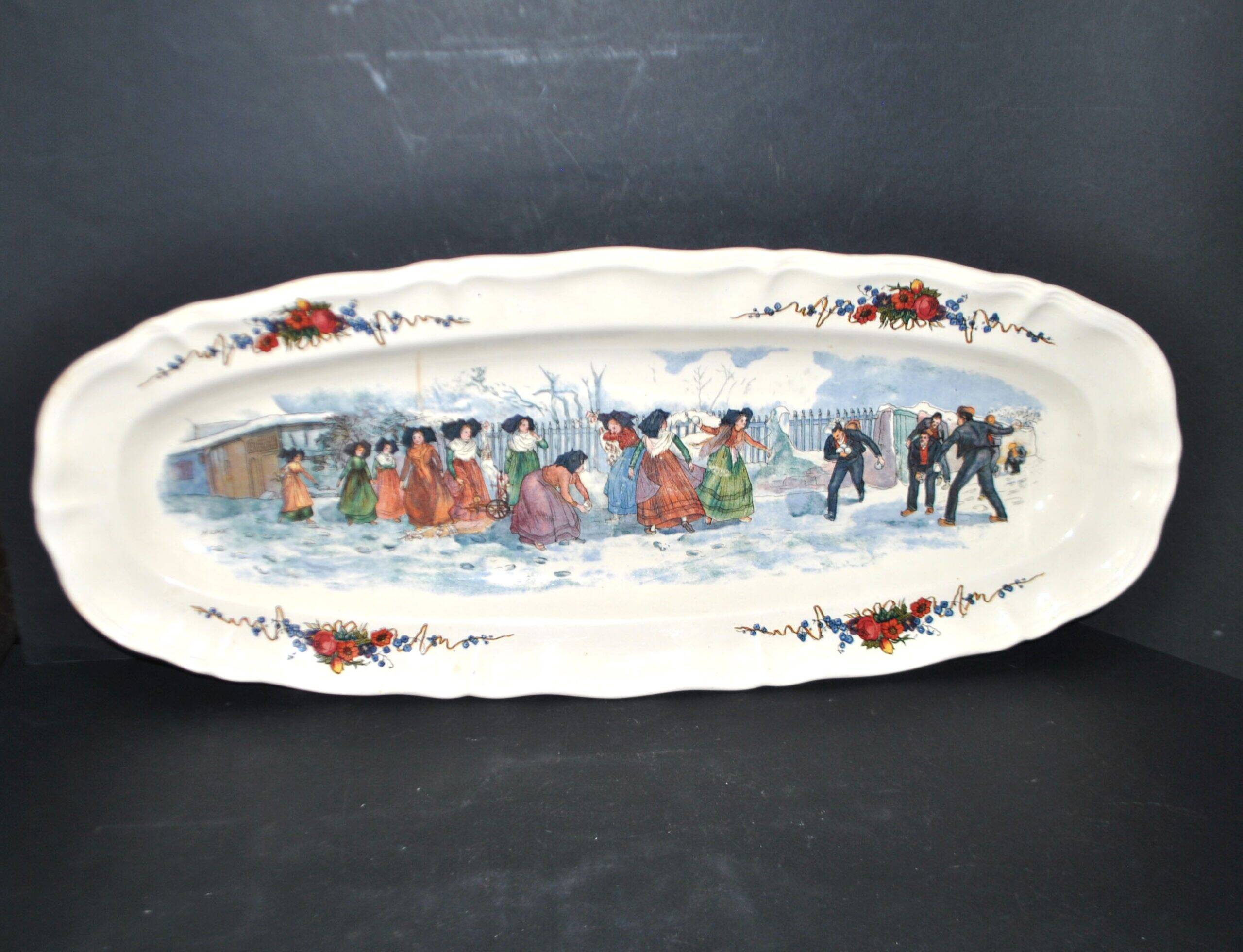 Sarreguemines large oval dish Obernai the snowball fight H. Loux