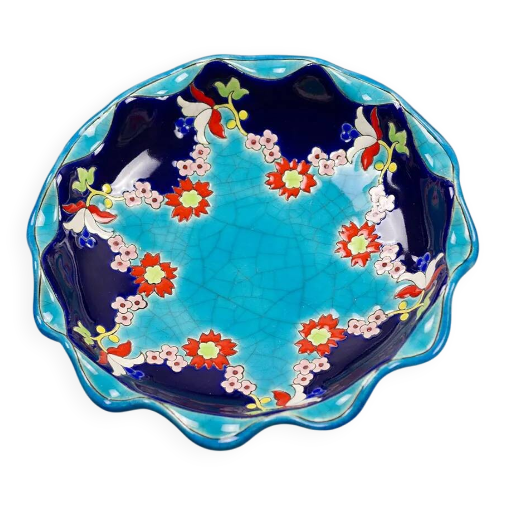 Longwy coupe model Roxane – Floral enamels on a crackled turquoise background