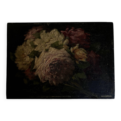 Tableau 19e roses du jardin fleurs huile sur bois