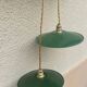 Pair of old pendant lights in green and white enamelled sheet metal, industrial style, retro farmhouse