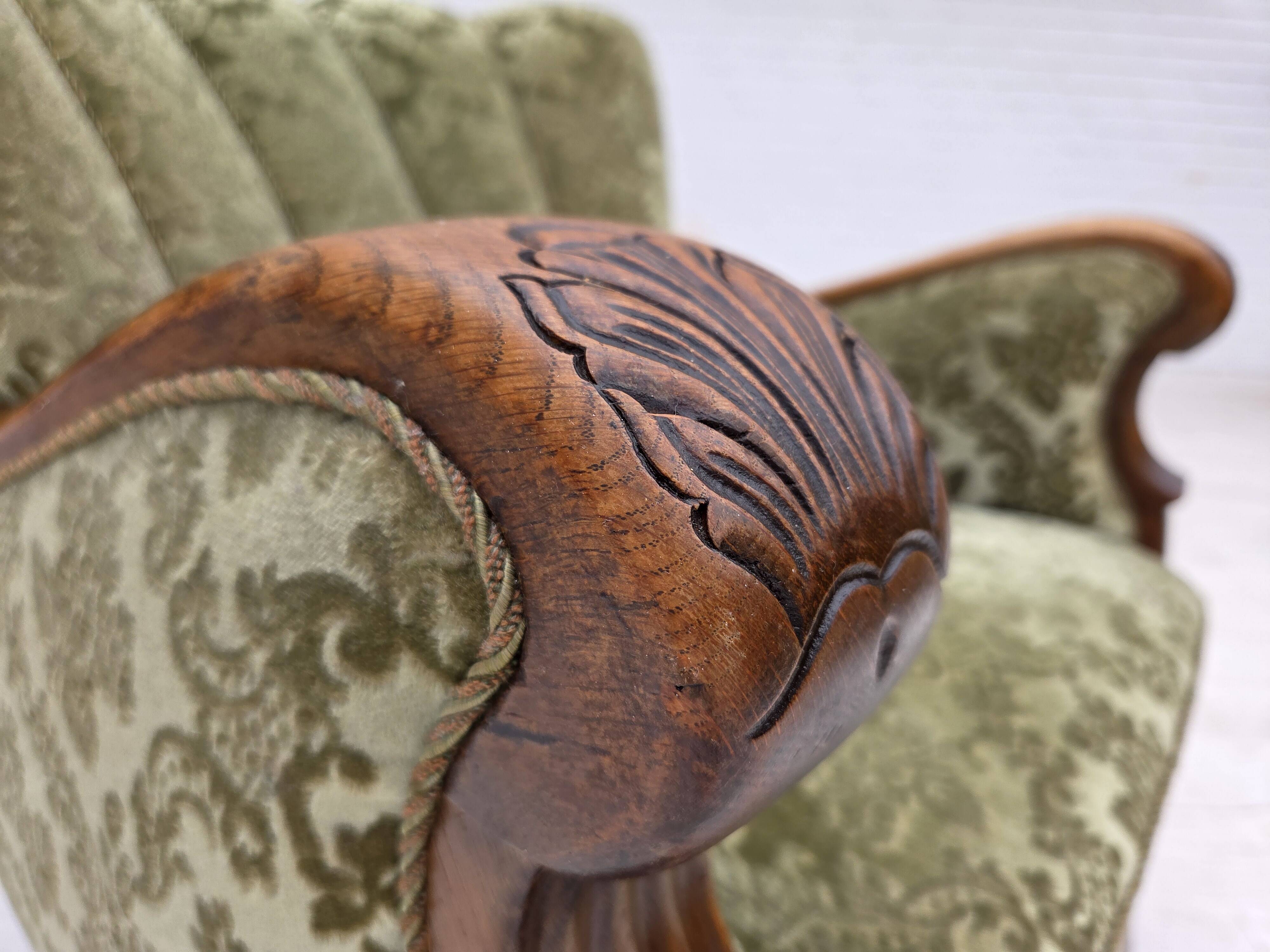 1960s, Danish armchair, green furniture velour, solid oak wood.