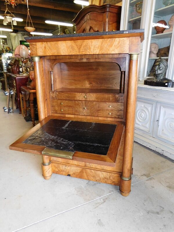 Secretaire empire a colonnes detachees plateau marbre noir du xix ème siecle