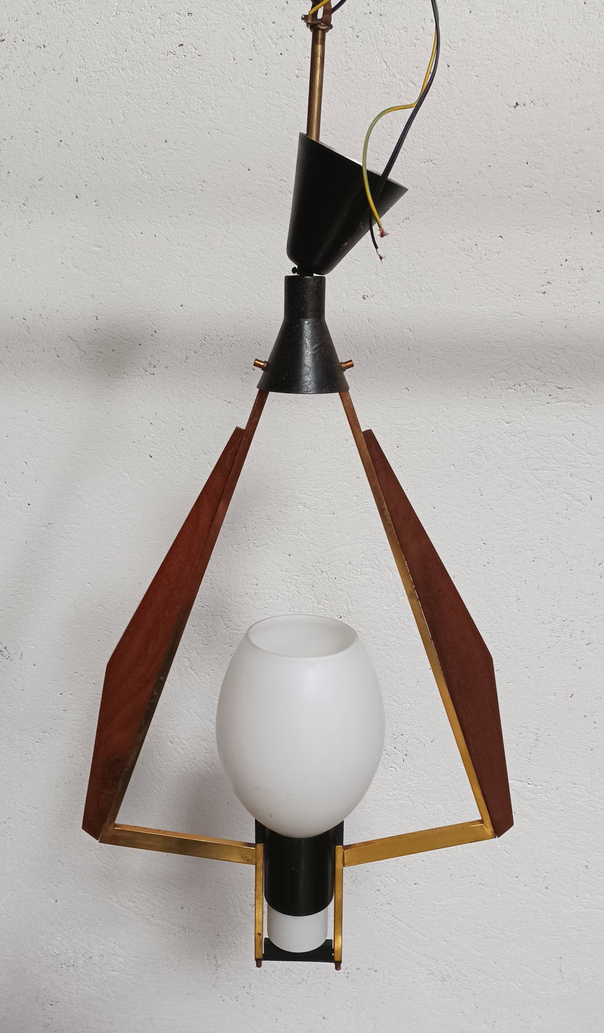 Teak, brass and opaline pendant light, Italy 1960