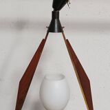 Teak, brass and opaline pendant light, Italy 1960