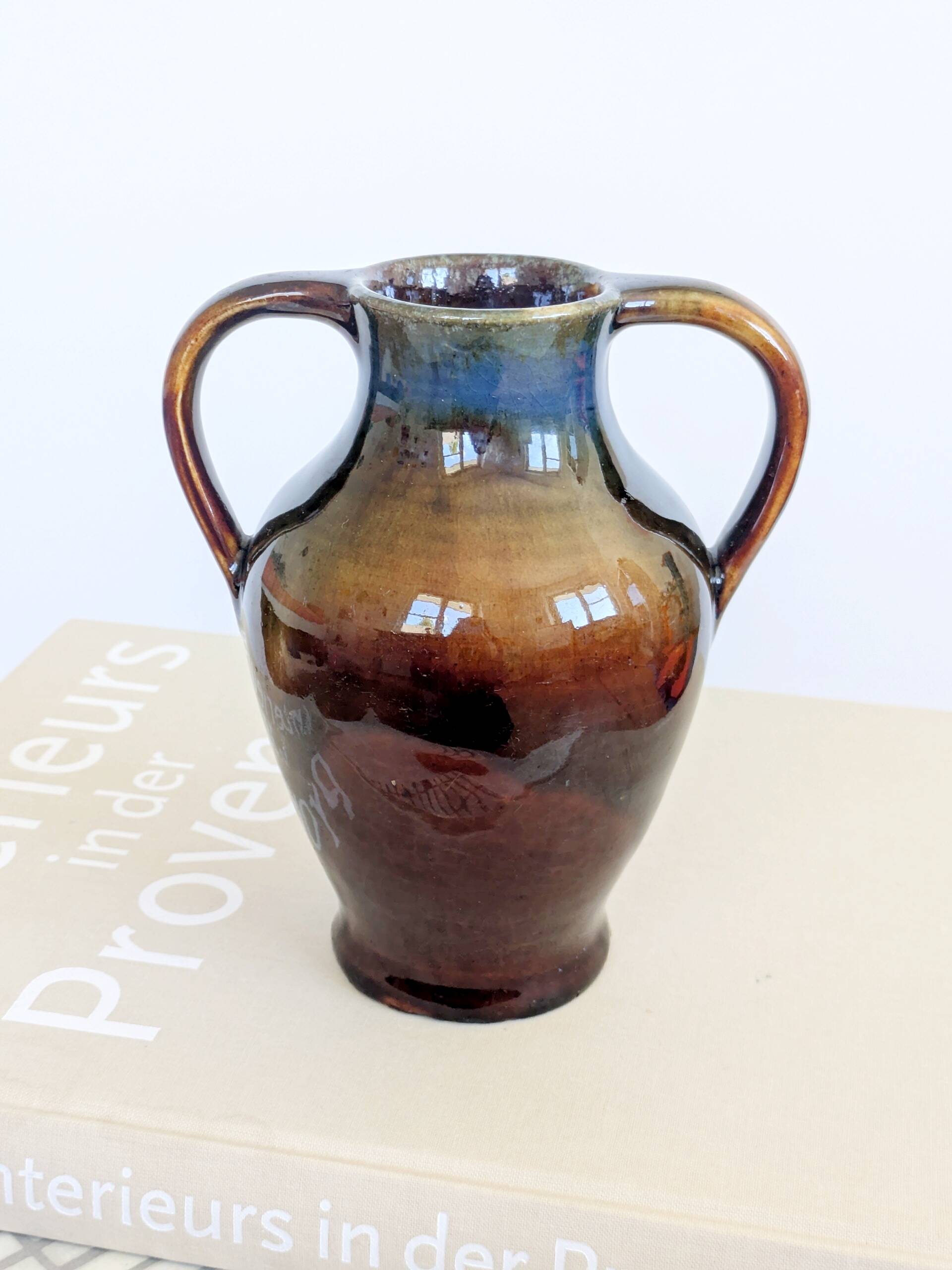 Vase amphore vintage en céramique, glaçure Fat Lava, déco classique
